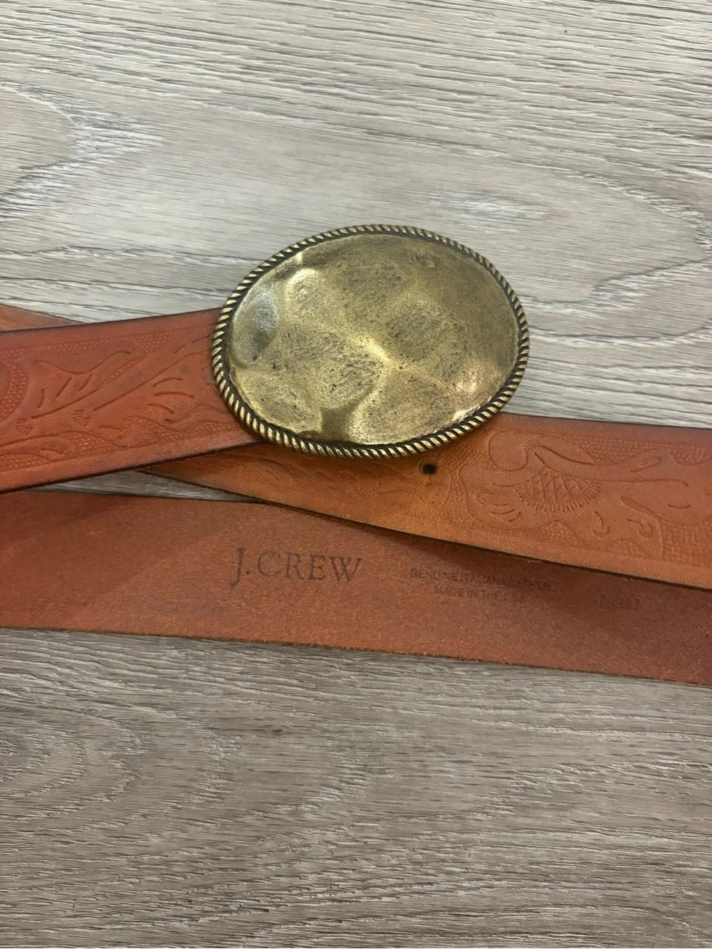 J.Crew Embossed Leather Belt with Brass Oval Buckle size L Large in Brown - Picture 5 of 9